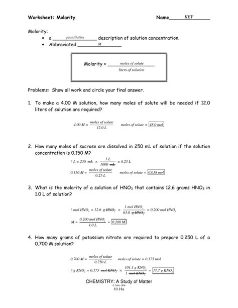 molarity calculations practice worksheet answers